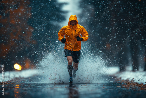 Obraz na płótnie A marathon runner training in all weather conditions, preparing for the big race. Concept of relentless effort and commitment leading to athletic success. w salonie