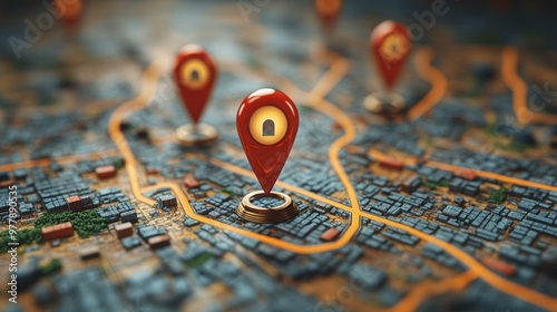 an City map with pin pointers in 3D rendering, illustrating location markers and navigation.