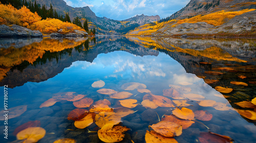 A serene mountain lake reflecting the vibrant colors of autumn with golden and red leaves scattered across the waters surface. photo