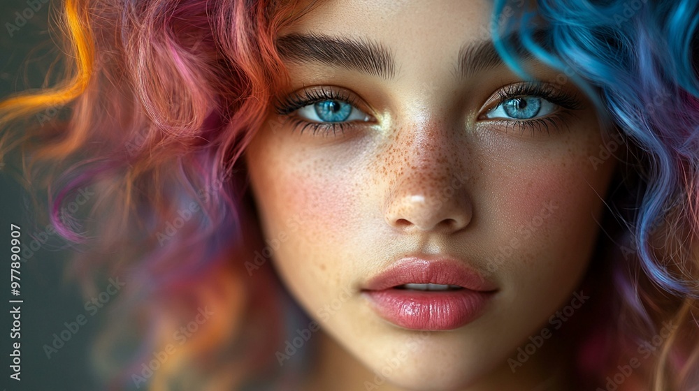 a Beautiful woman with a vibrant and colorful wig, highlighting bold fashion and individuality. a Beautiful woman with a vibrant and colorful wig, highlighting bold fashion and individuality.