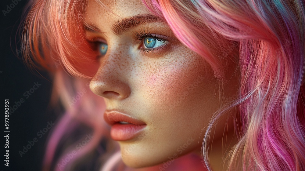 an Beautiful woman with a vibrant and colorful wig, highlighting bold fashion and individuality. an Beautiful woman with a vibrant and colorful wig, highlighting bold fashion and individuality.