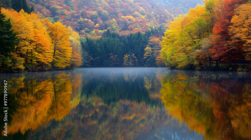 A serene mountain lake surrounded by vibrant autumn trees with the reflection of the colorful foliage mirrored in the water.