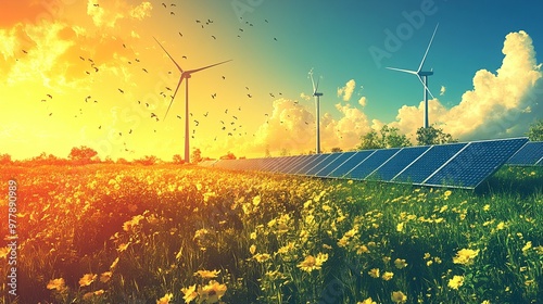 this Photovoltaic solar panels and wind turbines generating electricity at a green energy station, emphasizing sustainability.