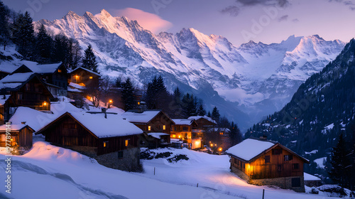 A serene mountain village at the base of snow-covered peaks with warm lights glowing from wooden houses as night falls.