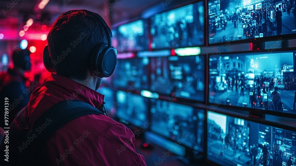 the Security guards monitoring multiple modern CCTV cameras indoors, highlighting vigilance and security. the Security guards monitoring multiple modern CCTV cameras indoors, highlighting vigilance and security.