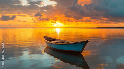 A serene tropical island sunset with a golden glow reflecting off the calm ocean and a traditional wooden boat gently swaying in the water.