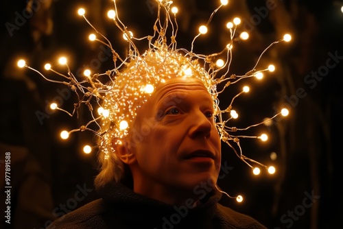 Elderly man with neural lighting crown representing cognitive complexity brain function and technological advancement in senior neuro enhancement concepts
