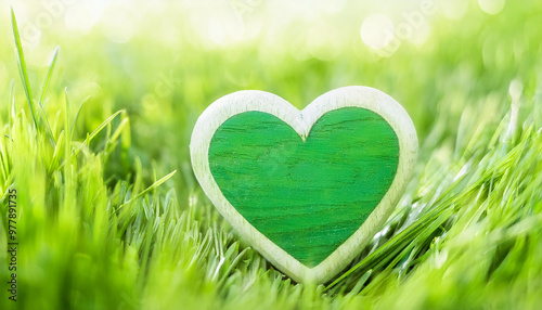 Green wooden heart shape on fresh green grass. Eco-friendly lifestyle and clean environment. photo