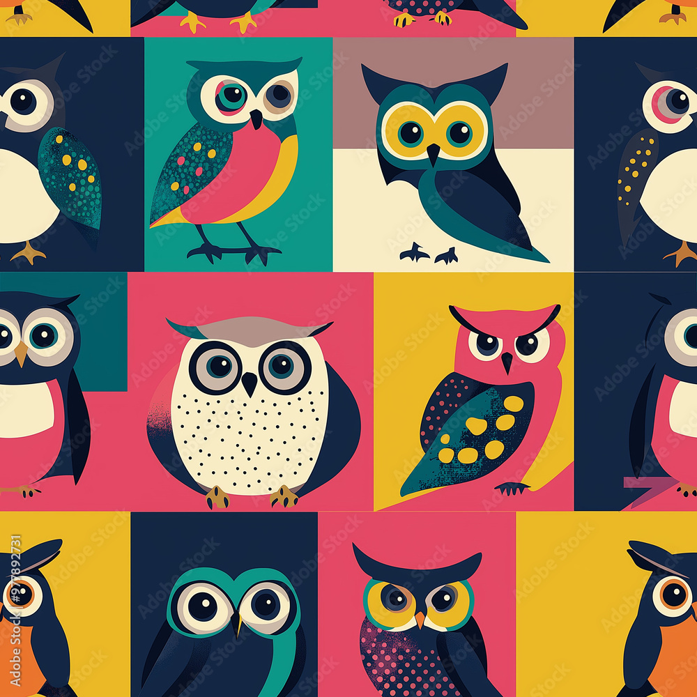 Bright owls in bold colors, seamless pattern in alternating squares. Pop art style Bright owls in bold colors, seamless pattern in alternating squares. Pop art style