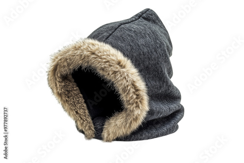 Gray Knitted Hood with Faux Fur Trim - Isolated on White Transparent Background, PNG
 photo