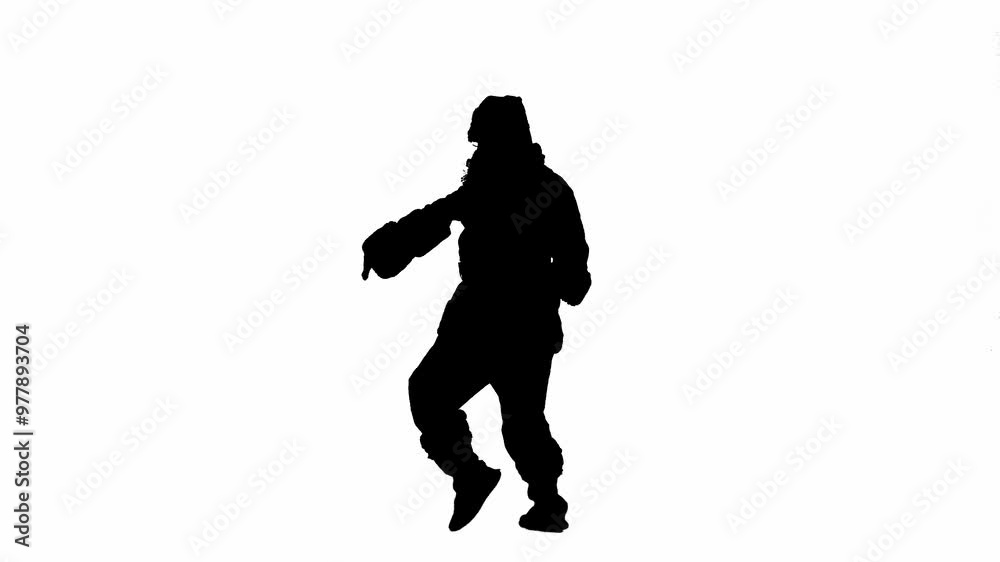Concept of Christmas and New Year holidays. Black silhouette of man in Santa suit on white isolated background. Santa Claus is dancing funny. Concept of Christmas and New Year holidays. Black silhouette of man in Santa suit on white isolated background. Santa Claus is dancing funny.