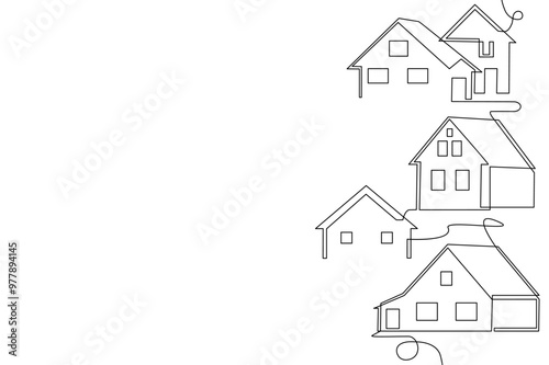 Houses in continuous line drawing style. Home minimalistic poster. Icon with private property isolated on white background. Vector illustration.