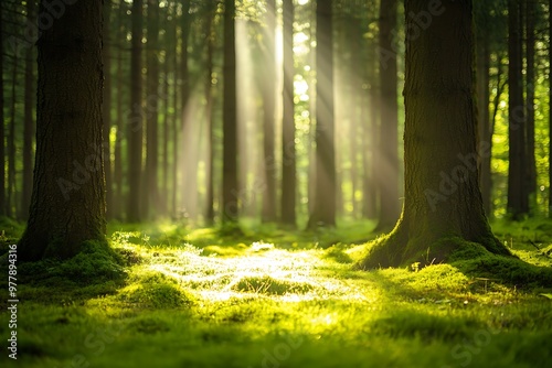 Sunlight rays through forest canopy, creating a magical light on green grass and moss