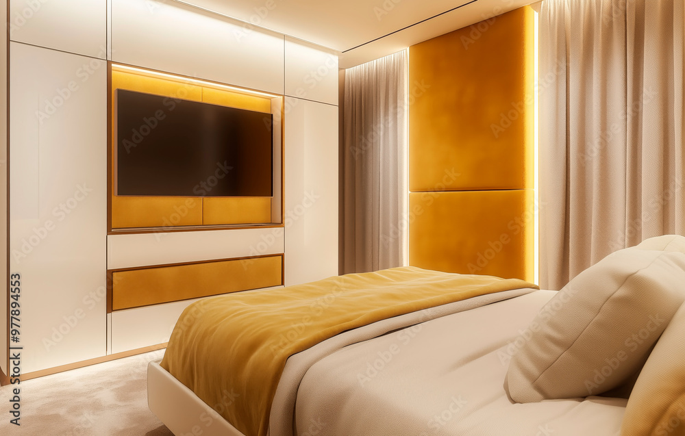 A beautiful guest room with a palette of white, caramel and suede. Room with lacquer cabinet, television, and bed linens in the same tones as the wall. A beautiful guest room with a palette of white, caramel and suede. Room with lacquer cabinet, television, and bed linens in the same tones as the wall.