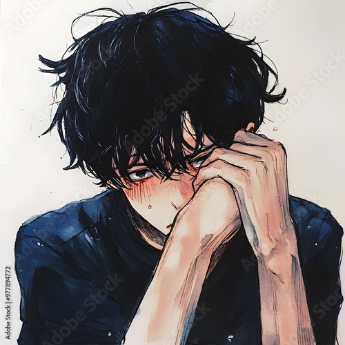 Sensitive Anime Style Boy Portrait Capturing Emotional Distress and Solitude