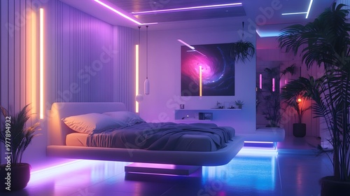 Futuristic Bedroom with Vibrant Neon Lighting and Minimalist Decor Creating a Cozy and Relaxing Atmosphere