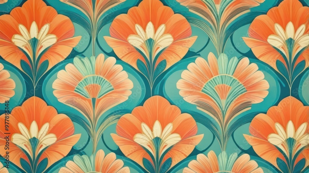 Fototapeta premium Orange turquoise floral pattern, art deco wallpaper