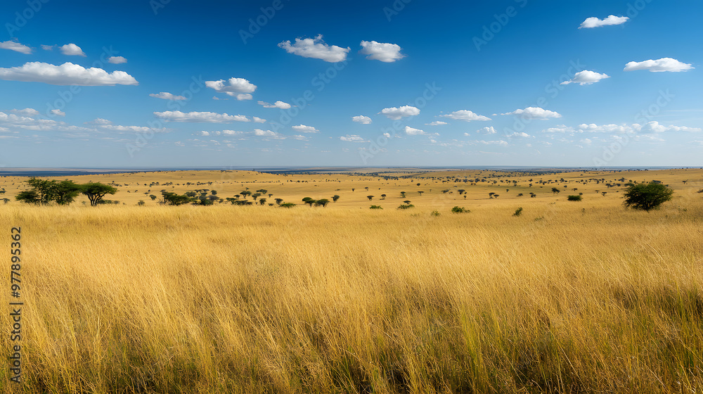 Fototapeta premium A sprawling savannah under the midday sun with tall grass scattered acacia trees and distant wildlife.