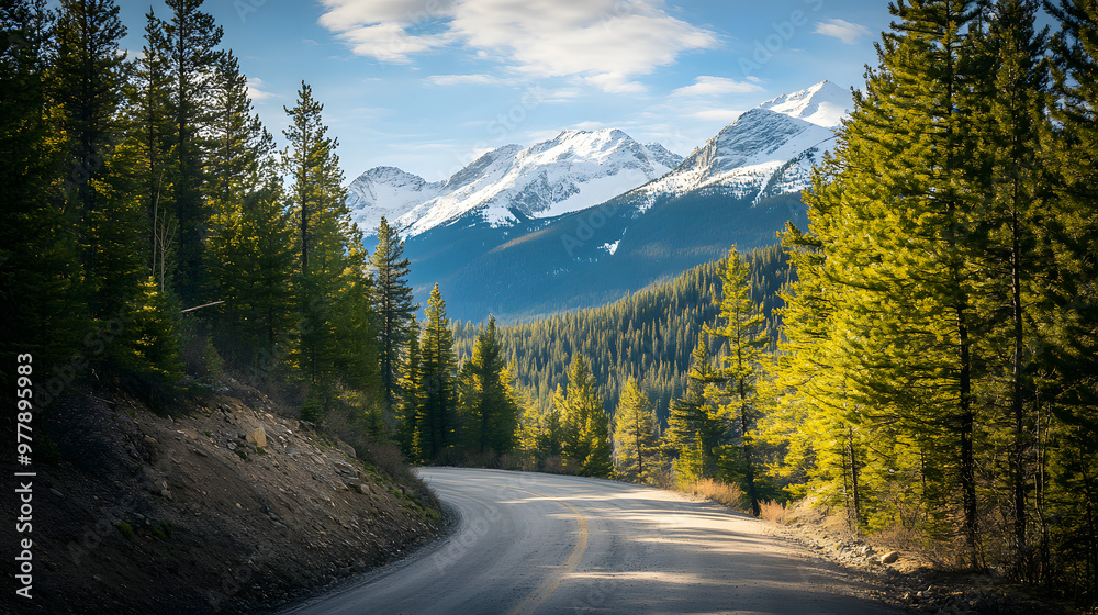 A steep mountain road winding through a forest of tall pines with sunlight dappling through the canopy and snow-capped peaks in the distance. A steep mountain road winding through a forest of tall pines with sunlight dappling through the canopy and snow-capped peaks in the distance.