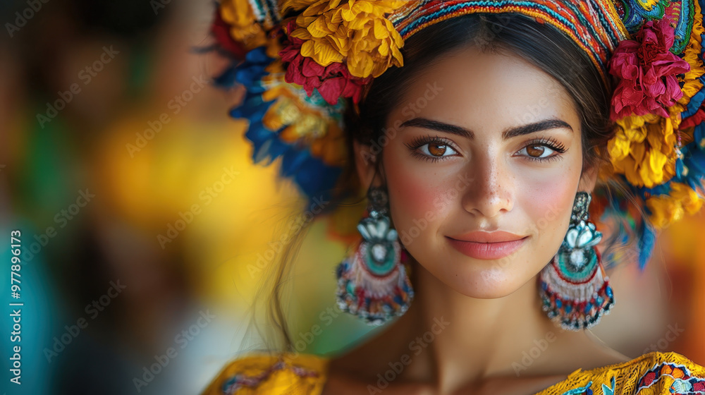 Young Woman in Vibrant Traditional Attire with Colorful Headdress Young Woman in Vibrant Traditional Attire with Colorful Headdress