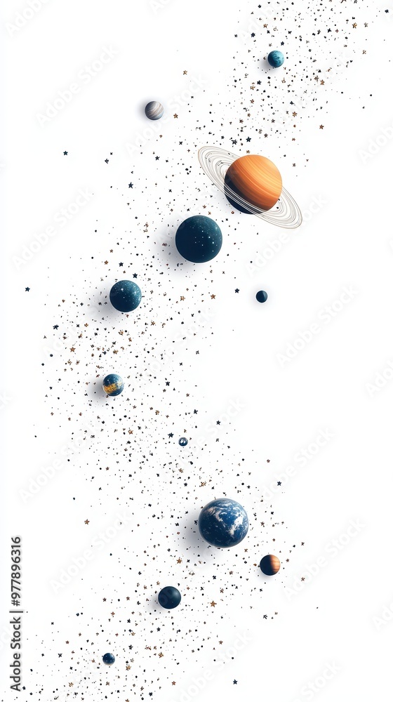 A detailed display of various planets and star clusters arranged elegantly on a white backdrop