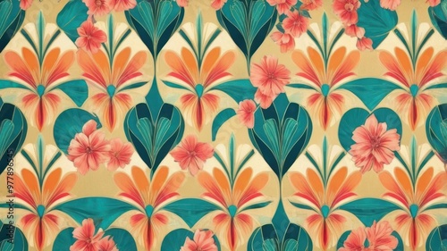 Orange turquoise floral pattern, art deco wallpaper
