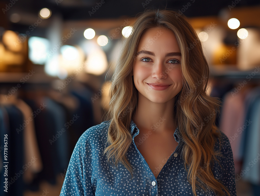 Obraz premium Young woman owned clothing shop or garment confidently looking at camera with happy smiley face