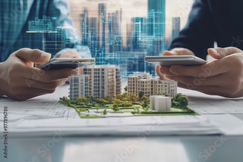 Architects discussing building model, using virtual reality, futuristic city skyline in background, urban planning concept photo