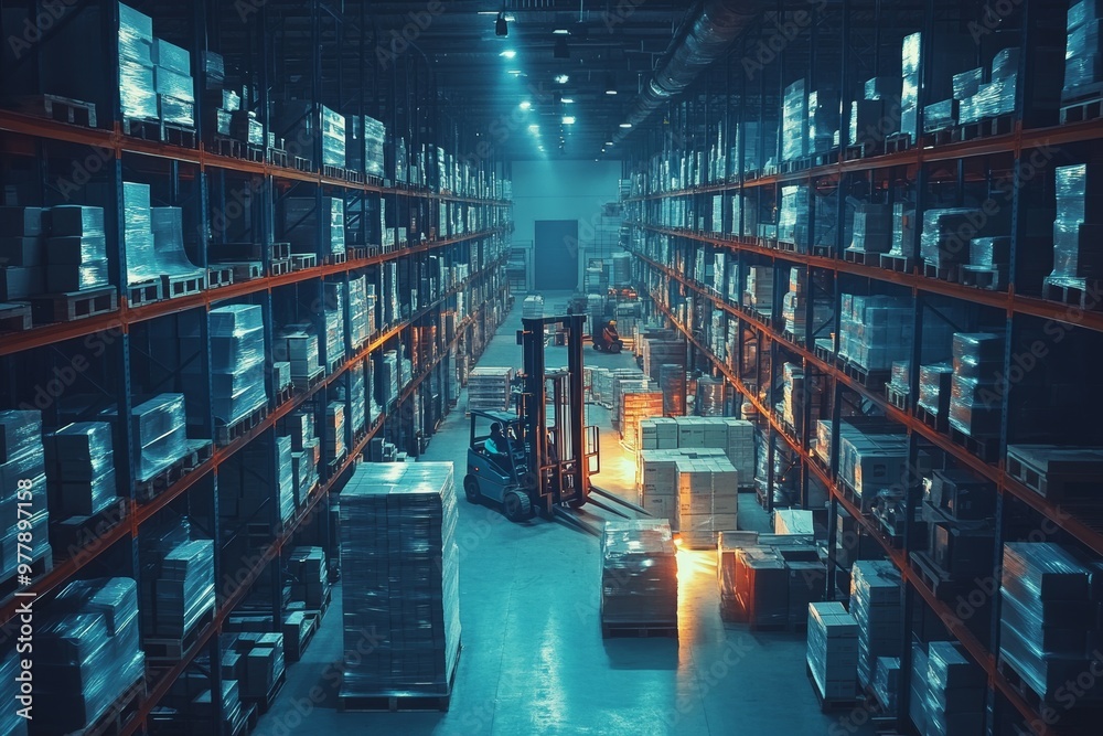Vibrant warehouse activity workers and forklifts in motion amidst high shelves of goods Vibrant warehouse activity workers and forklifts in motion amidst high shelves of goods