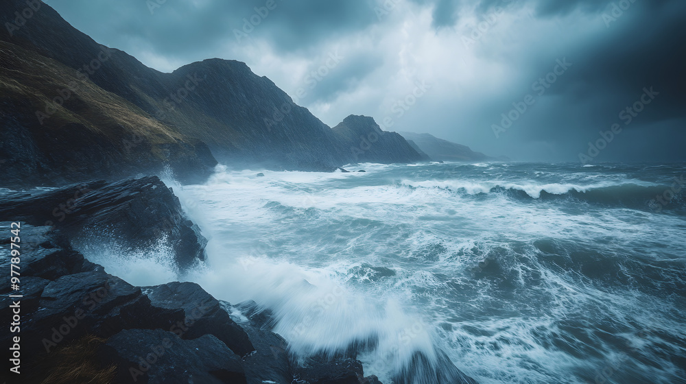 Fototapeta premium A stormy sea with towering waves crashing into a rocky shoreline rain pouring down in sheets as the wind howls.