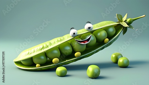 Whimsical 3D Pea Pod Character with a Cheerful Smile photo