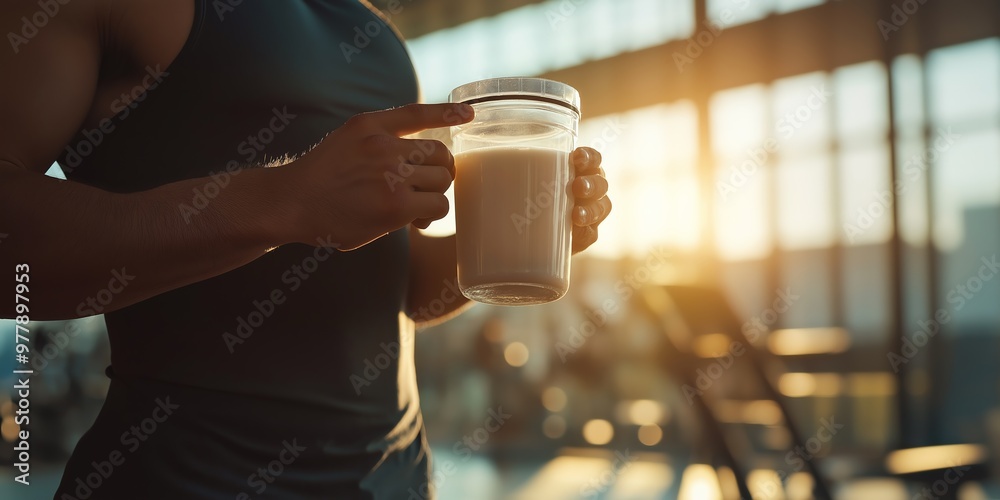 © zakiroff - Man holding protein shake in a gym, fitness nutrition for muscle building, exercise, healthy lifestyle concept