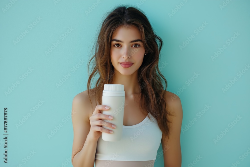 Woman in white sports bra holding reusable water bottle against blue background healthy hydration concept Woman in white sports bra holding reusable water bottle against blue background healthy hydration concept