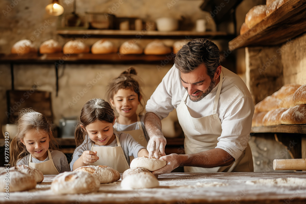 Baker teaching children to make bread, kids enjoying baking lesson in rustic bakery, family bonding, craft baking concept Baker teaching children to make bread, kids enjoying baking lesson in rustic bakery, family bonding, craft baking concept