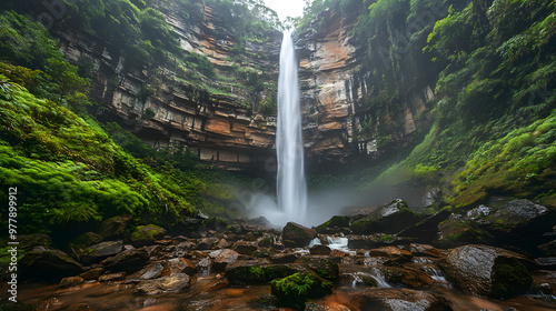 A towering waterfall plunging down a rocky cliffside into a misty pool below with green moss covering the surrounding rocks. photo