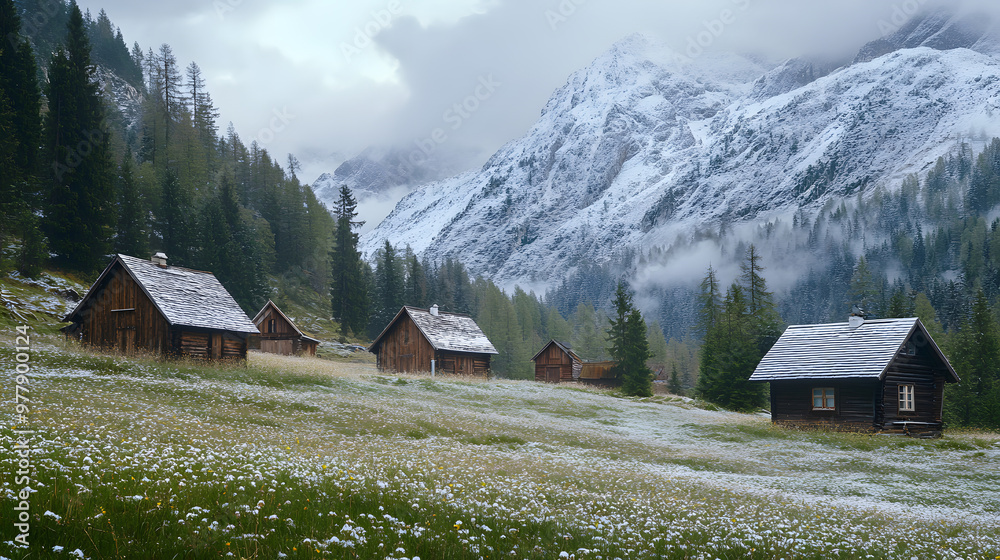A tranquil alpine meadow at the foot of a snow-dusted mountain with small wooden cabins scattered throughout. A tranquil alpine meadow at the foot of a snow-dusted mountain with small wooden cabins scattered throughout.