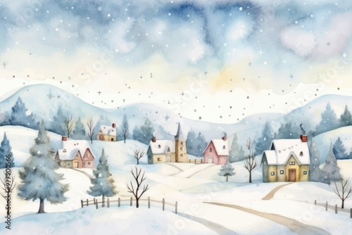 Serene snowy village landscape