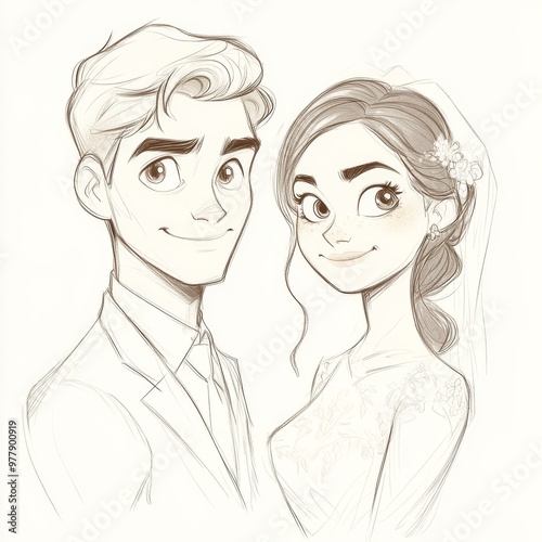 a drawing of a bride and groom