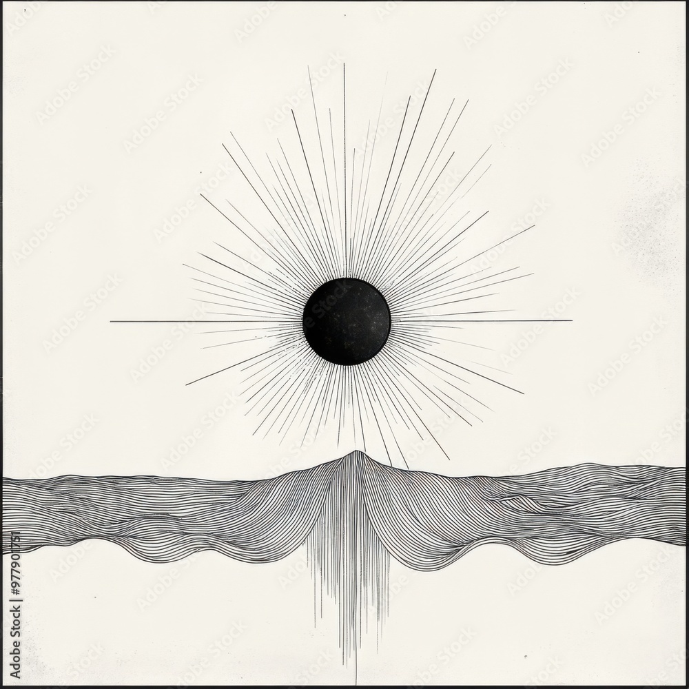 Obraz premium a black and white drawing of a sun over a body of water