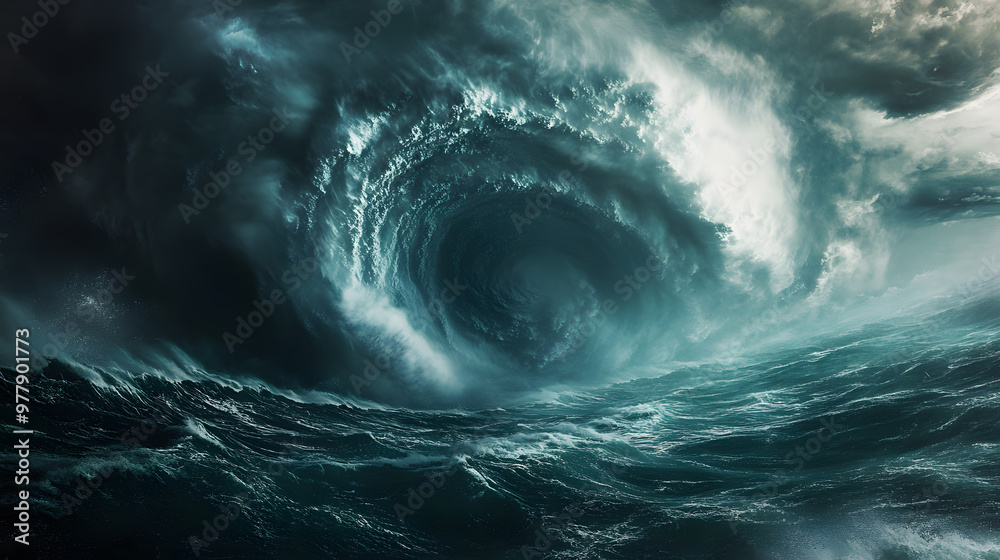 A tropical cyclone approaching the shore with dark clouds swirling ominously above and the ocean churning in massive chaotic waves. A tropical cyclone approaching the shore with dark clouds swirling ominously above and the ocean churning in massive chaotic waves.