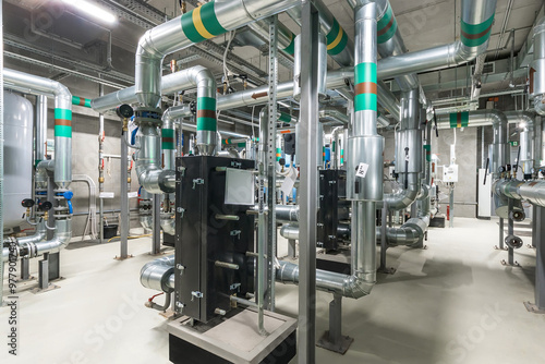 A detailed view of an industrial facility reveals intricate piping systems and machinery arranged in a functional layout, indicating active operations throughout the day.. photo