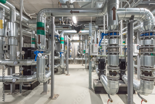 A complex arrangement of stainless steel pipes connects various valves and equipment in a modern industrial facility designed for efficient fluid management and control.
