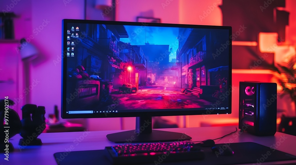 A high-resolution gaming monitor on a desk with a vibrant game scene A high-resolution gaming monitor on a desk with a vibrant game scene