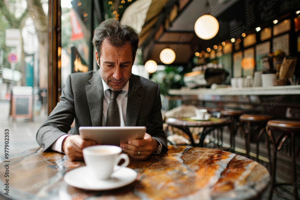A businessperson using a digital tablet at a cafe. A businessperson using a digital tablet at a cafe.