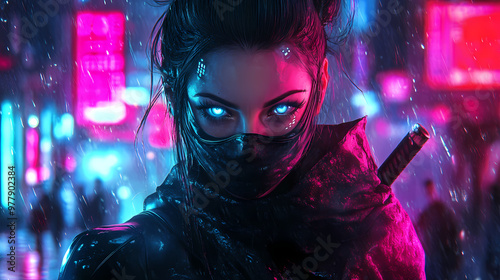 Cyberpunk female ninja warrior with neonlit cybernetic enhancements intense gaze and futuristic urban backdrop. Cybernetic Enhancements. Illustration photo