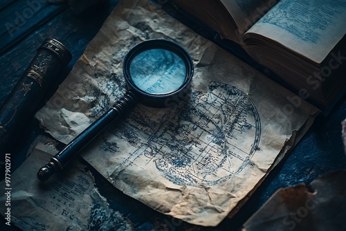 Magnifying glass on old map with antique book, vintage, mystery, investigation, clue