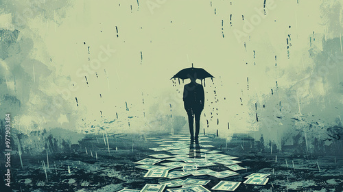 silhoutte sketch of a depressed man standing under rain of money or dollars, lots of money rich but depressed , anxiety , Feeling down, no joy and money cant buy happiness concept photo