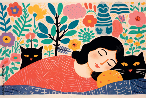 Whimsical illustration of woman sleeping