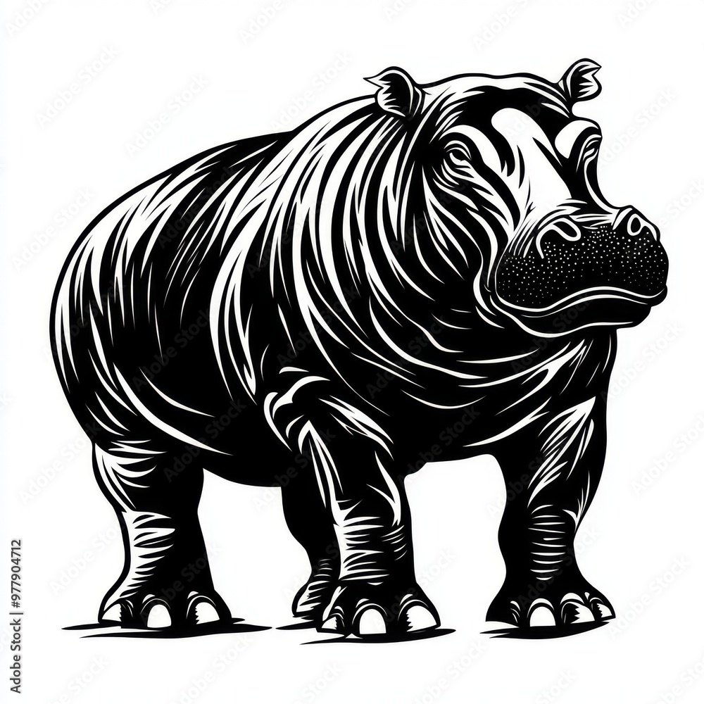 Fototapeta premium Black and white illustration of a hippopotamus standing on a white background.