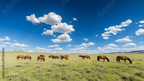 A vast grassland with herds of wild horses grazing beneath a bright blue sky dotted with clouds.